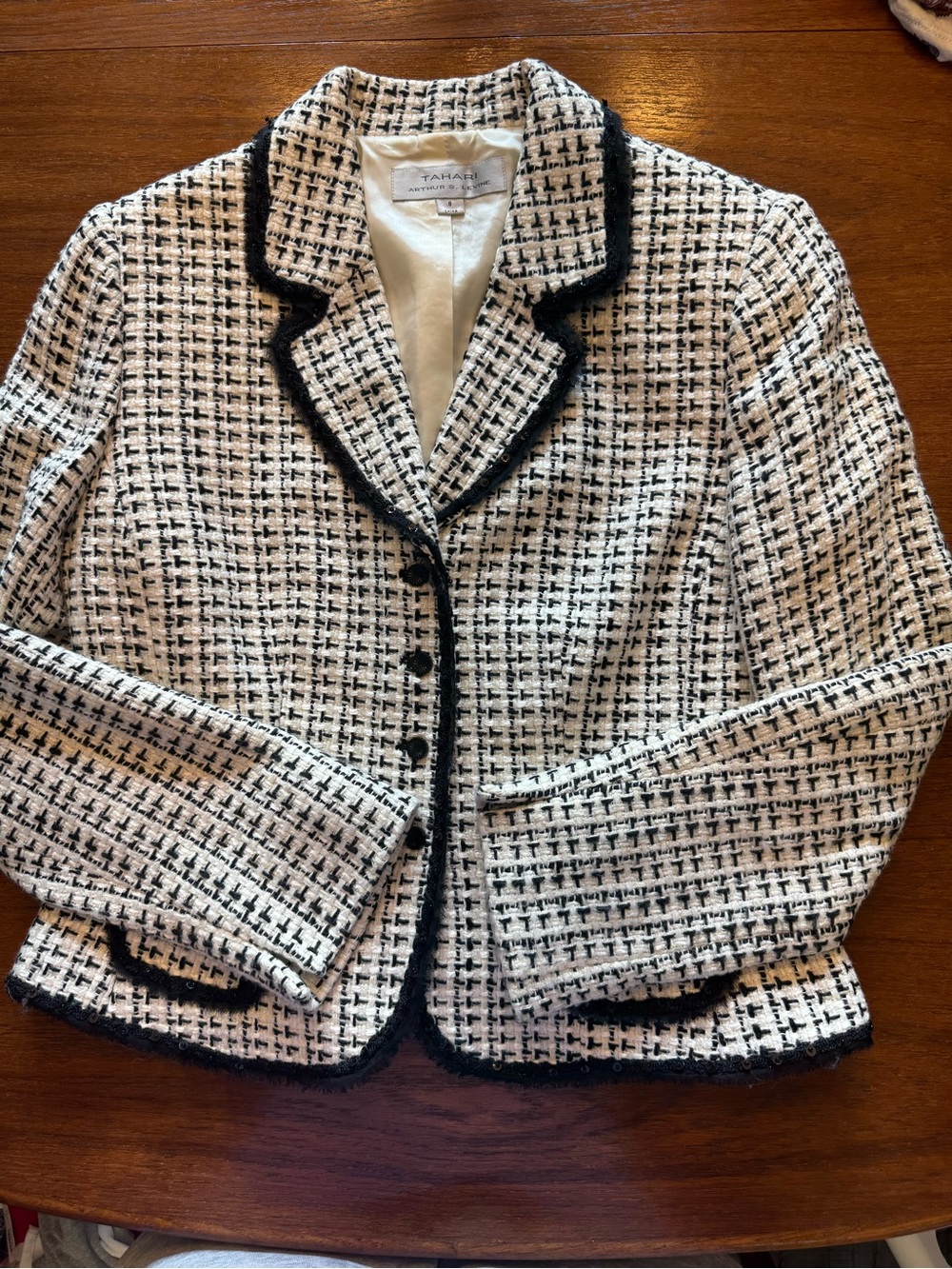 Tahari Black and Cream Tweed Blazer with Contrast Trim